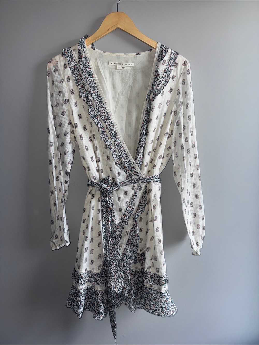 Veronica Beard White Floral-Print Long Sleeve Wrap Dress